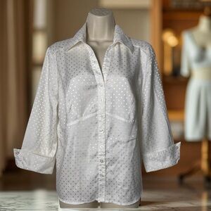 Dressbarn Elegant White Polka Dot Blouse Button Down Classic Timeless SZ M